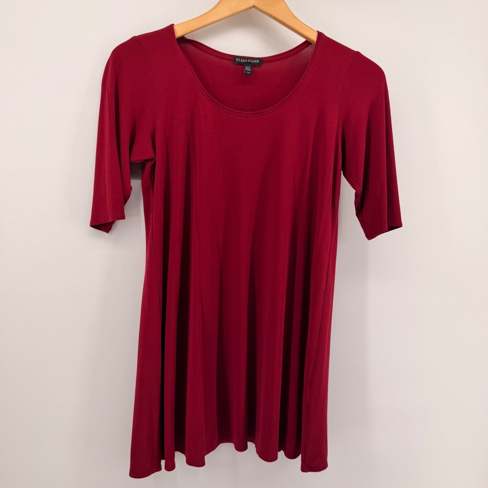 Eileen Fisher Tunic Womens Small Red 100% Silk Jersey Scoop Neck Elbow Sleeve